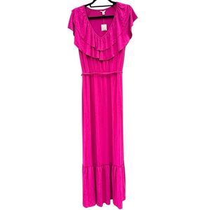 NWT Cato Women's Pink Ruffle Neckline Maxi Dress w/ Wrap Tie Size Large